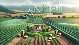 DALL·E 2024 03 19 15.44.33 Design a landscape oriented image that illustrates a vast vibrant farmland as a symbol of financial growth and stability. The farmland is carefully m